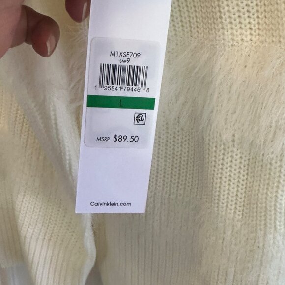 Calvin Klein Large Mock Neck Fuzzy Stripes Sweater Ribbed Knit Winter White - Picture 7 of 10